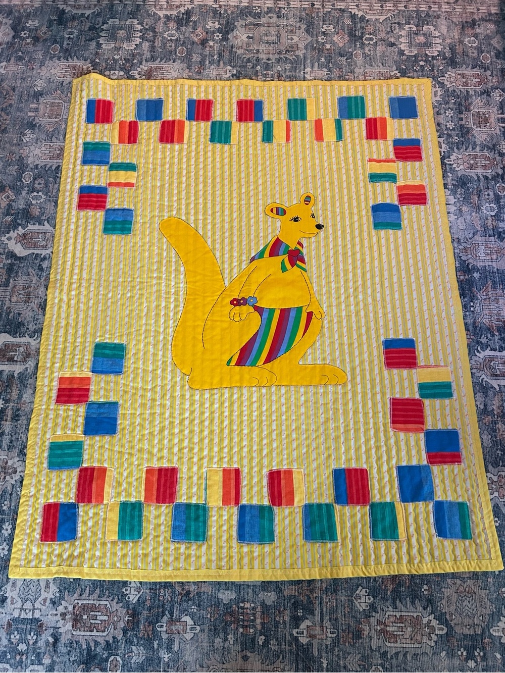 Vintage Yellow Kangaroo Appliqué Baby Quilt with Rainbow Accents
